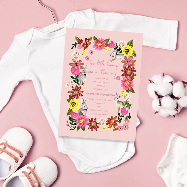 Twins Baby Shower Cute Rabbit Bunny Girl Invitation (Creator Uploaded)