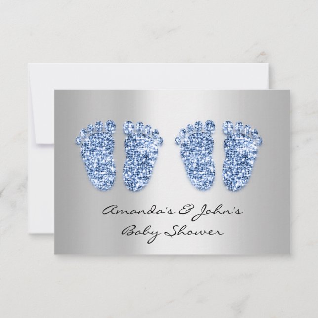 Twins Baby Shower Feet Glitter Blue Boys Grey Invitation (Back)