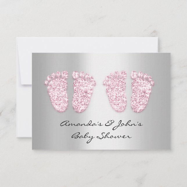 Twins Baby Shower Feet Glitter Grey Pink Girls Invitation (Back)