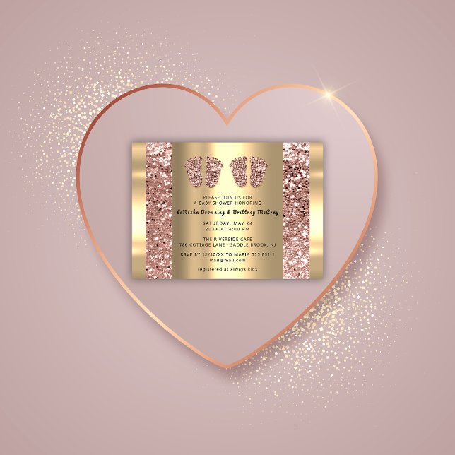 Twins Baby Shower Feet Rose Glitter Boy Girl Gold Invitation (Twins Baby Shower Feet Rose Glitter Boy Girl Gold Invitation)