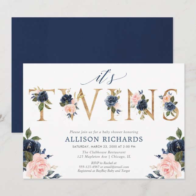 Twins baby shower, girl boy twins pink blue floral invitation (Front/Back)