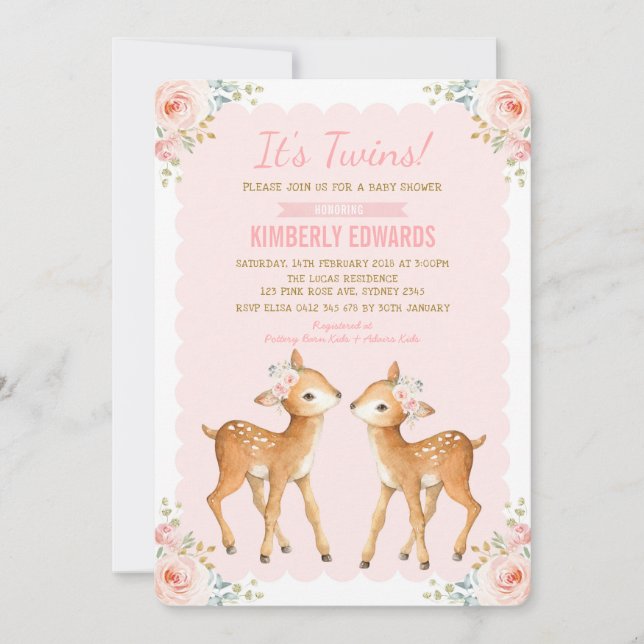 Twins Baby Shower Girl Deer Blush Pink Floral Invitation (Front)