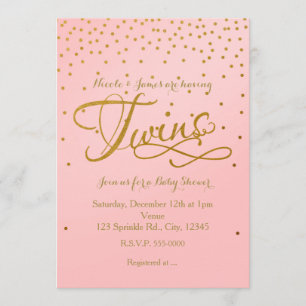 TWINS Baby Shower Girl Pink & Gold Dot Invitation