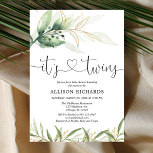 Twins baby shower greenery and gold simple elegant invitation