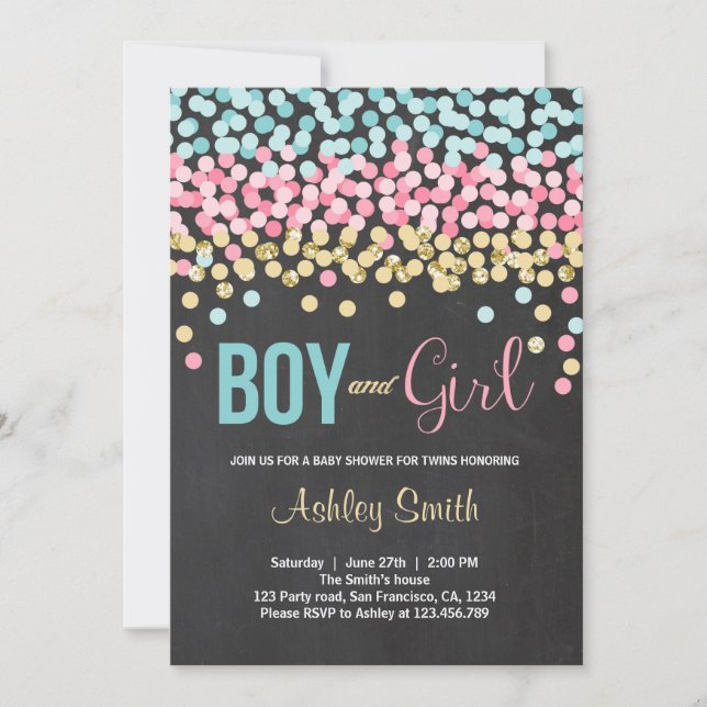 Twins Baby Shower Invitation pink blue Boy Girl (Front)