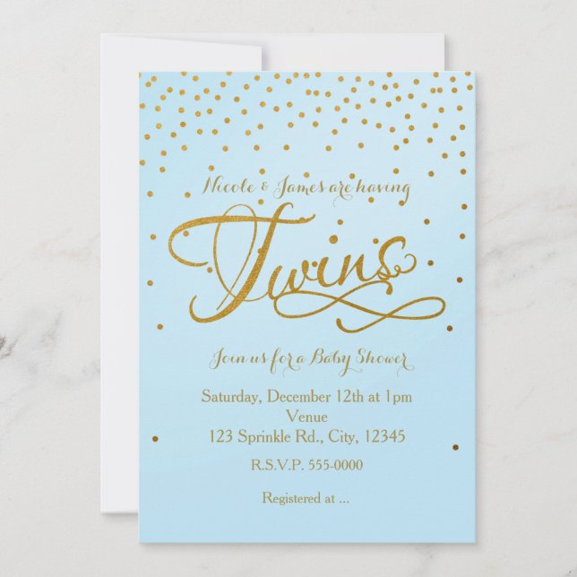 TWINS Baby Shower Light Blue & Gold Dot Invitation (Front)
