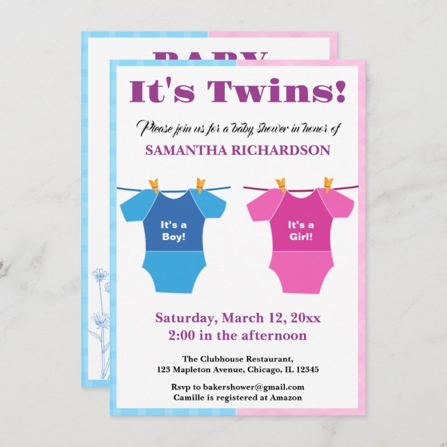 Twins Baby Shower Party Girl Boy.  Invitation (Front/Back)