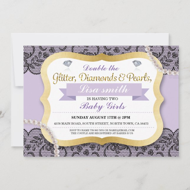 Twins Baby Shower Purple Lace Twin Girls Invite (Front)