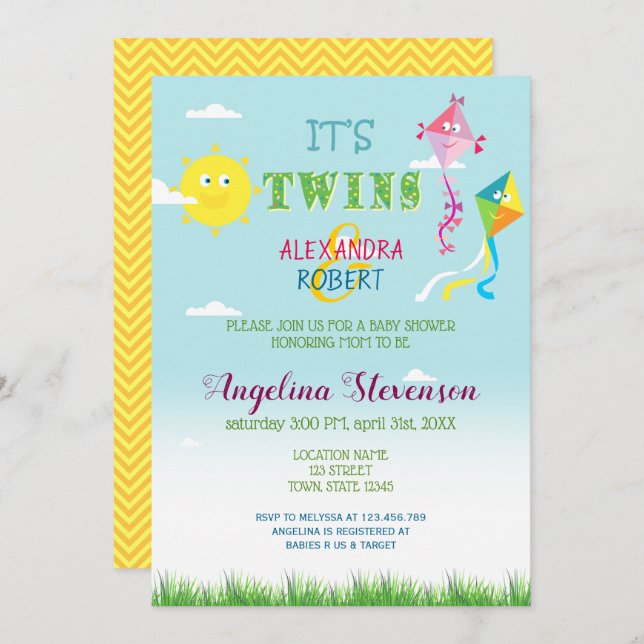 Twins Baby Shower Spring Summer Cute Sun Kites Fun Invitation (Front/Back)