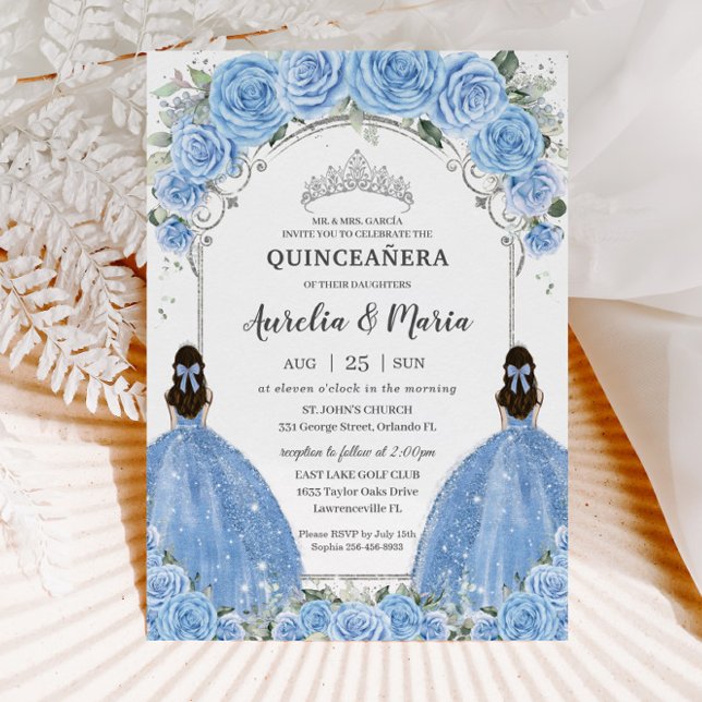 Twins Bahama Sky Blue Floral Silver Quinceañera  Invitation (Creator Uploaded)