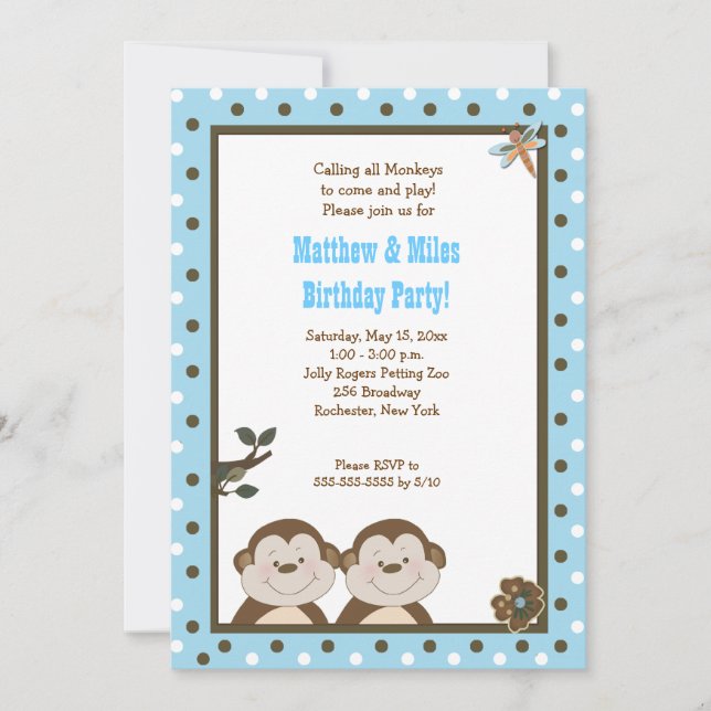 TWINS Bambino Monkey 5x7 Birthday Invitation (Front)