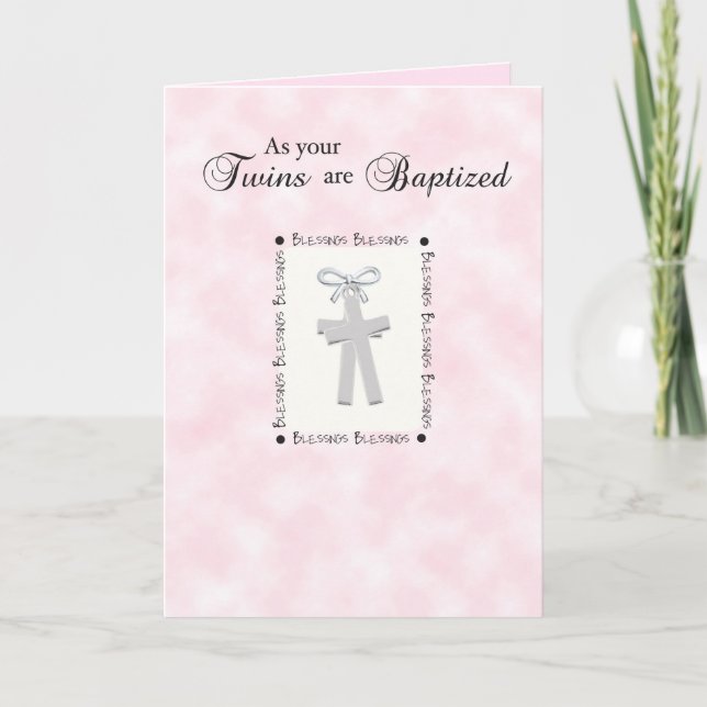 Twins Baptism Card on Pink with 2 Crosses (Front)
