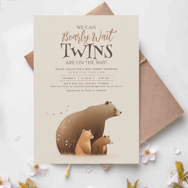 Twins Bear Babies and Mother Cute Baby Shower Invitation (We Can Bearly Wait Twins Are On The Way! - Cute Mother bear and her two cubs baby shower invitations)
