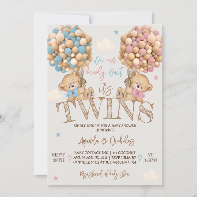 Twins Bear Balloons Baby Shower  Invitation (Front)