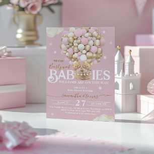 Twins Bear Balloons Bearly Wait Baby Girl Shower Invitation