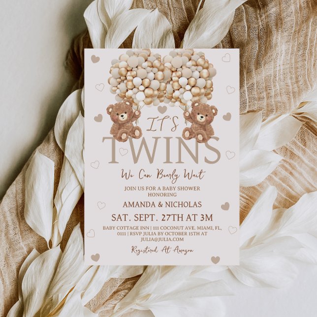 Twins Bear Bearly Wait Baby Shower Invitation (Creator Uploaded)