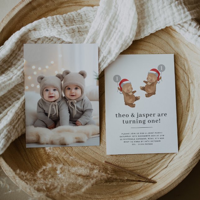 Twins Bear Santa Hat First Birthday Photo Invitation (Twins Bear Balloon Santa Hat First Photo Invitation)