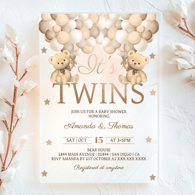 Twins Bear With Neutral Balloons Baby Shower Acrylic Invitations (Creator Uploaded)