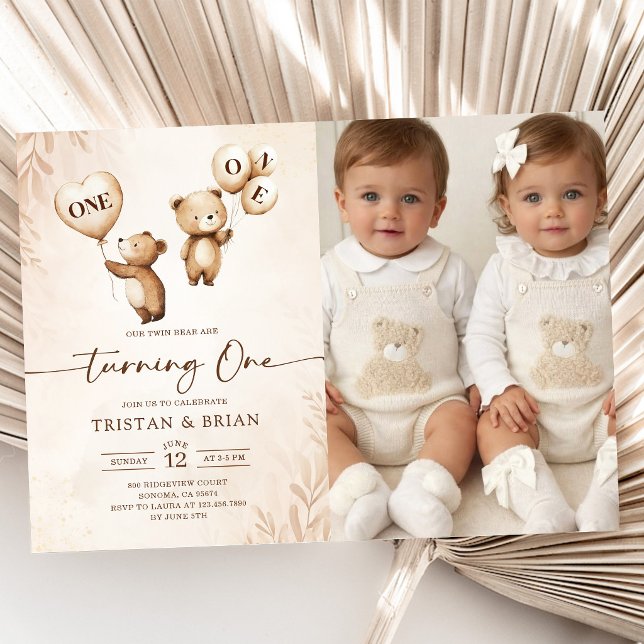 Twins Bear-y First Photo Birthday  Invitation (Creator Uploaded)