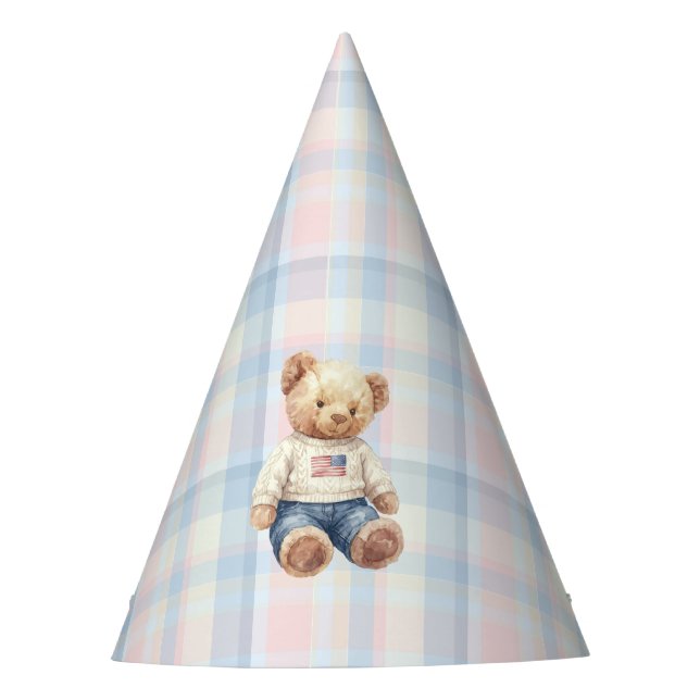Twins Beary First Birthday Boy Party Hat (Front)