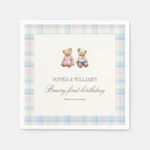 Twins Beary First Birthday Napkins   Pink Blue