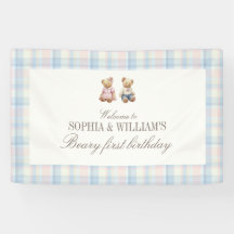 Twins Beary First Teddy Bear Birthday Banner