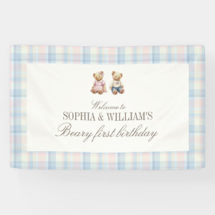 Twins Beary First Teddy Bear Birthday Banner