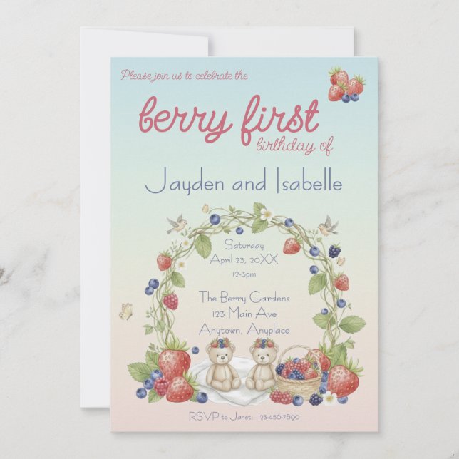 Twins Berry First Birthday Party Invitation (Front)