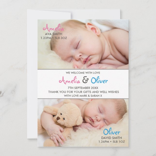 Twins birth announcement/thank you card (Front)