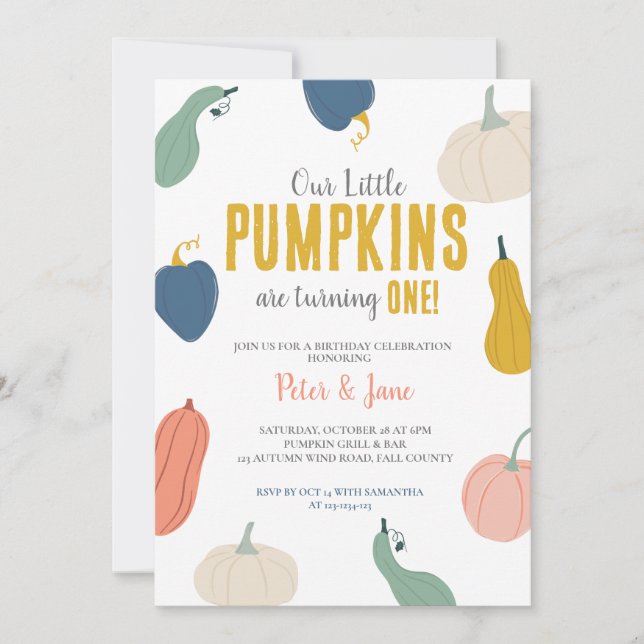 Twins Birthday invitation, Fall Pumpkin Party Invitation (Front)