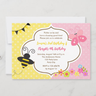 Twins Birthday Invitations Bee Butterfly Garden