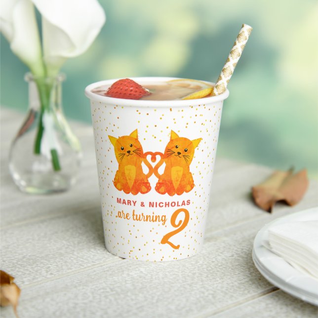 Twins Birthday Orange Kittens Confetti Dots Party Paper Cups (Insitu)