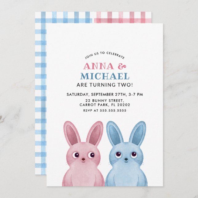 Twins Birthday with blue and pink rabbits Invitation (Front/Back)