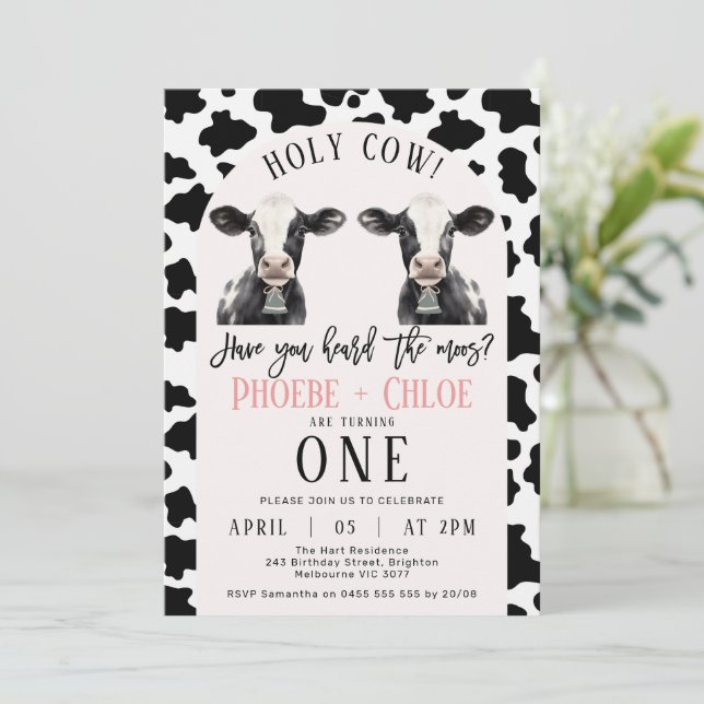 Twins Black Cow Print Arch Holy Cow 1st Birthday Invitation (Standing Front)