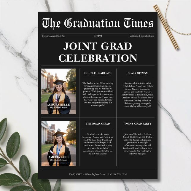 Twins Black Newspaper Joint Graduation Photo  Invitation (Creator Uploaded)