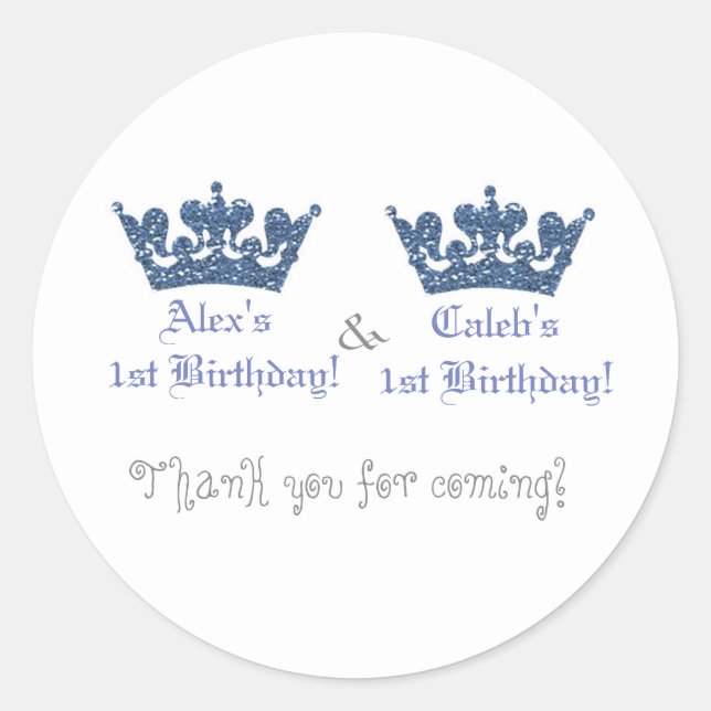 Twins Blue Crowns Boys Royal Prince Party Sticker (Front)
