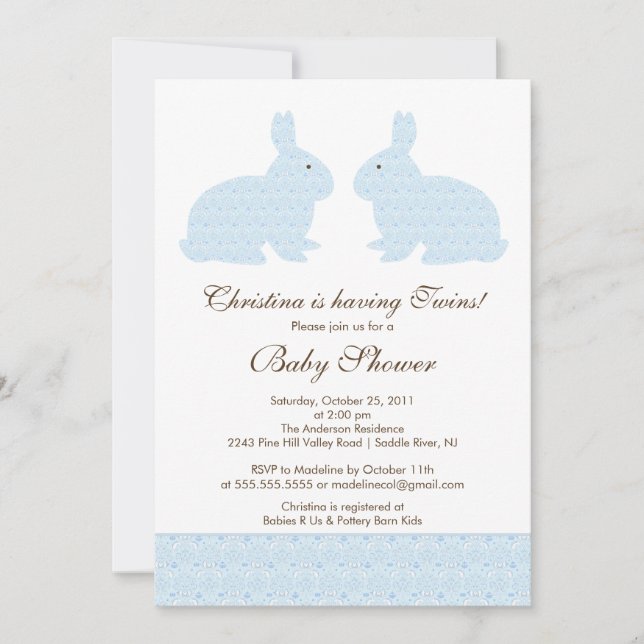 Twins Blue Damask Bunny Baby Shower Invitation (Front)
