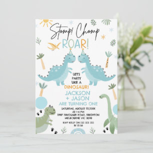 Twins Blue Green Party Like A Dinosaur Birthday Invitation