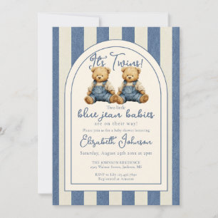 Twins Blue Jean Teddy Bear QR Code Baby Shower Invitation