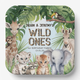 Twins Blue Jungle animals wild one Safari themed Paper Plate