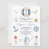 Twins Blue Nautical Sailing into One 1st Birthday