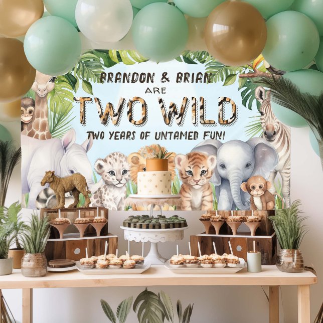 Twins Blue Two Wild Boy 2nd birthday backdrop Banner (Twins, Blue Two Wild Themed birthday backdrop)
