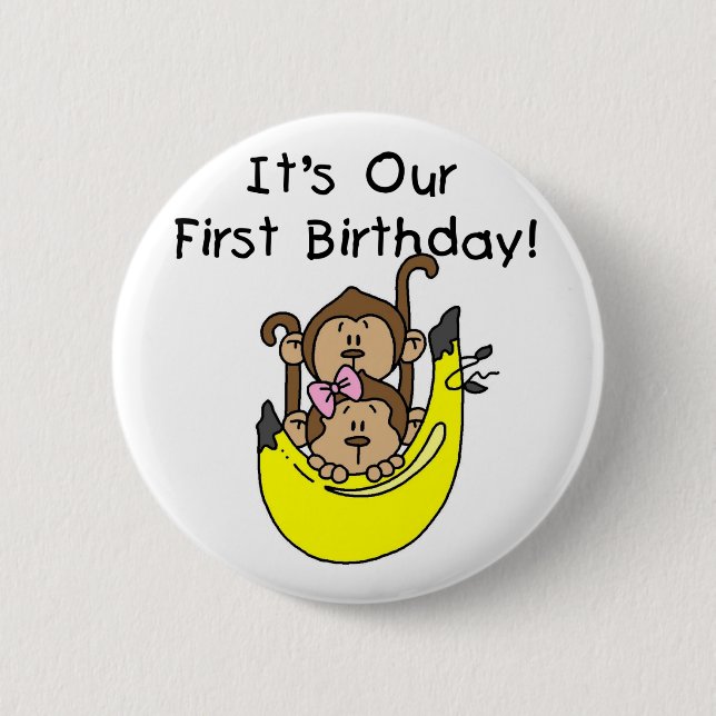 Twins - Boy and Girl Monkey 1st Birthday 6 Cm Round Badge (Front)