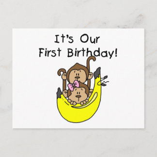 Twins - Boy and Girl Monkey 1st Birthday Postcard