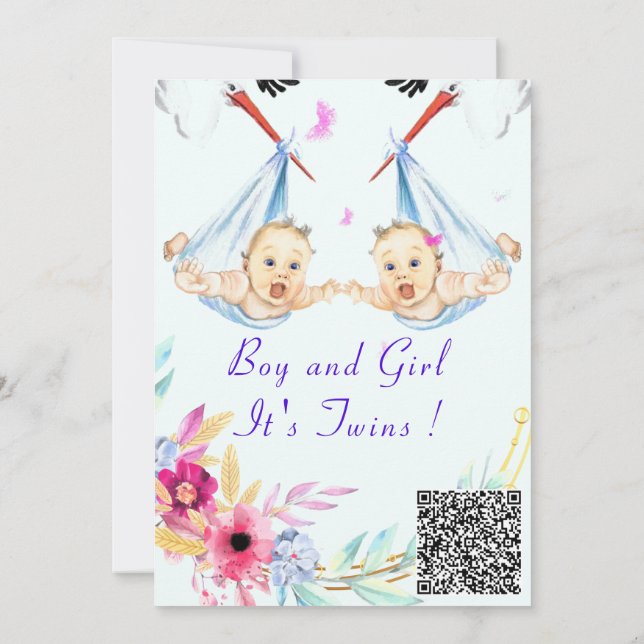 Twins Boy and Girl QR Code Baby Shower Invitation (Back)
