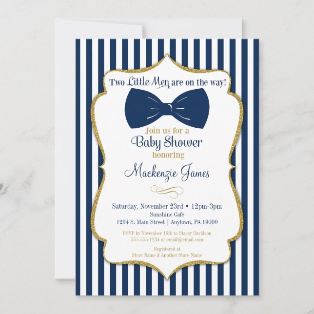 Twins Boy Baby Shower Invitation Blue Gold Bow Tie (Front)