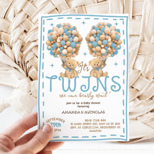 Twins Boy Bear Blue Balloon Baby Shower Invitation
