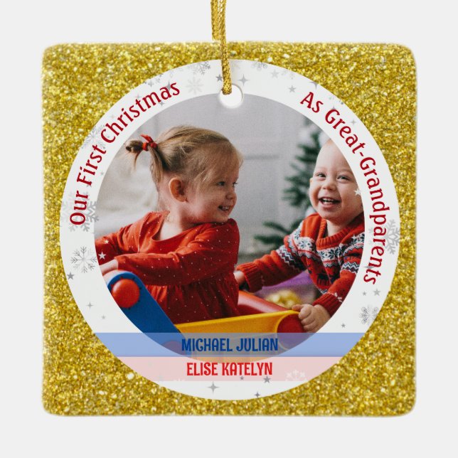 Twins Boy Girl 1st Xmas Great-Grandparents Photos Ceramic Ornament (Front)