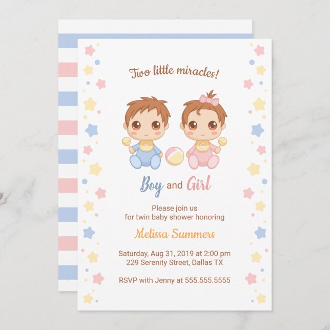 Twins Boy Girl Baby Shower Invitation (Front/Back)