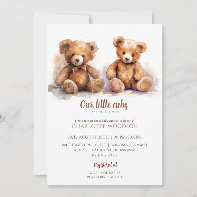 Twins Boy Girl Baby Shower Teddy Bear Cubs Invitation (Front)